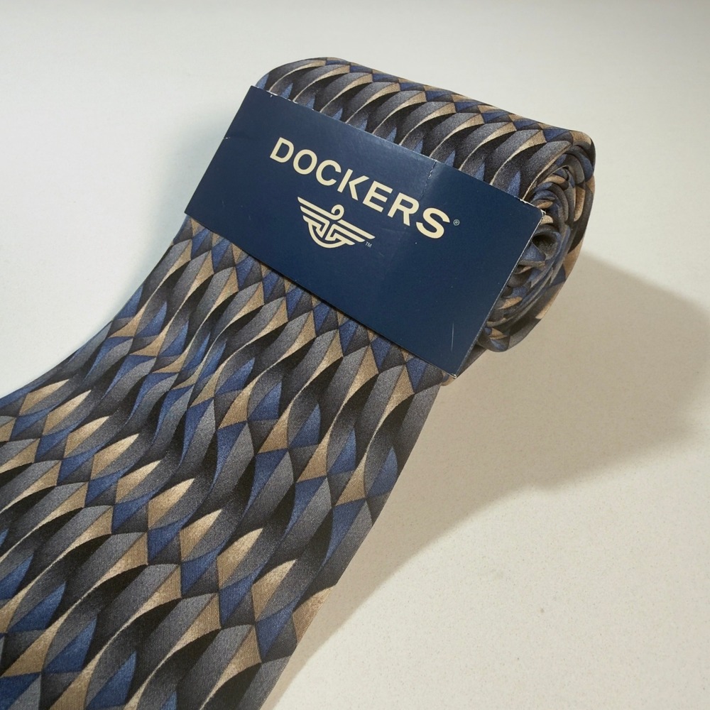 Dockers Silk Tie Mens OS Blue Gold New Vintage 90s Geometric Abstract Casual